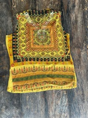 Mustard yellow Ethnic Indian Print Sleeveless Top (gems on collar)